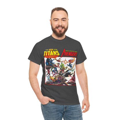 New Teen Titans Vs Avengers T-Shirt - George Perez Art - Hawkeye, Wonder Man, Raven, Starfire, Cyborg, Scarlet Witch, Wonder Girl - DC Comics & Marvel Comics