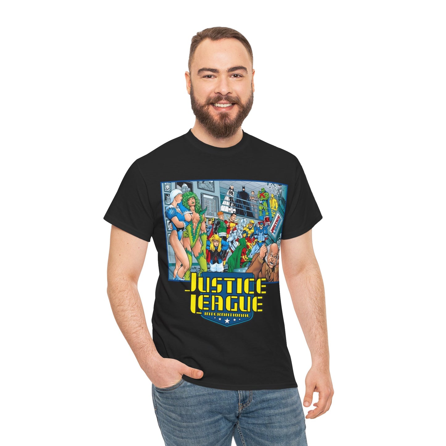 Justice League International T-Shirt - Kevin Maguire Art - Blue Beetle, Booster Gold, Martian Manhunter, Captain Atom, Batman, Fire, Ice - DC Comics - JLI