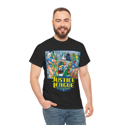 Justice League International T-Shirt - Kevin Maguire Art - Blue Beetle, Booster Gold, Martian Manhunter, Captain Atom, Batman, Fire, Ice - DC Comics - JLI