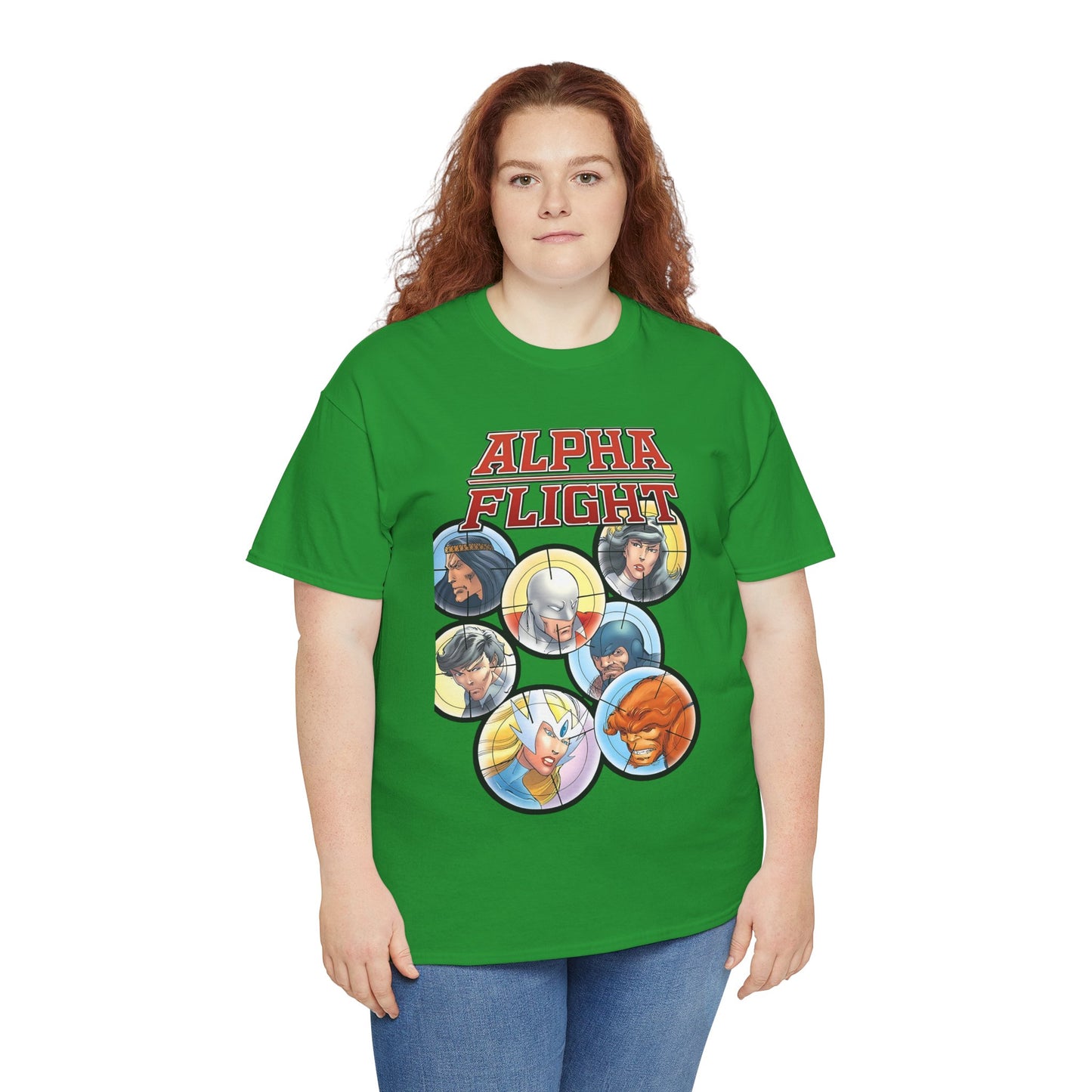Alpha Flight T-Shirt - John Byrne Art - Guardian, Aurora, Northstar, Sasquatch, Shaman, Puck, Snowbird - Canada's Super Heroes - Marvel Comics