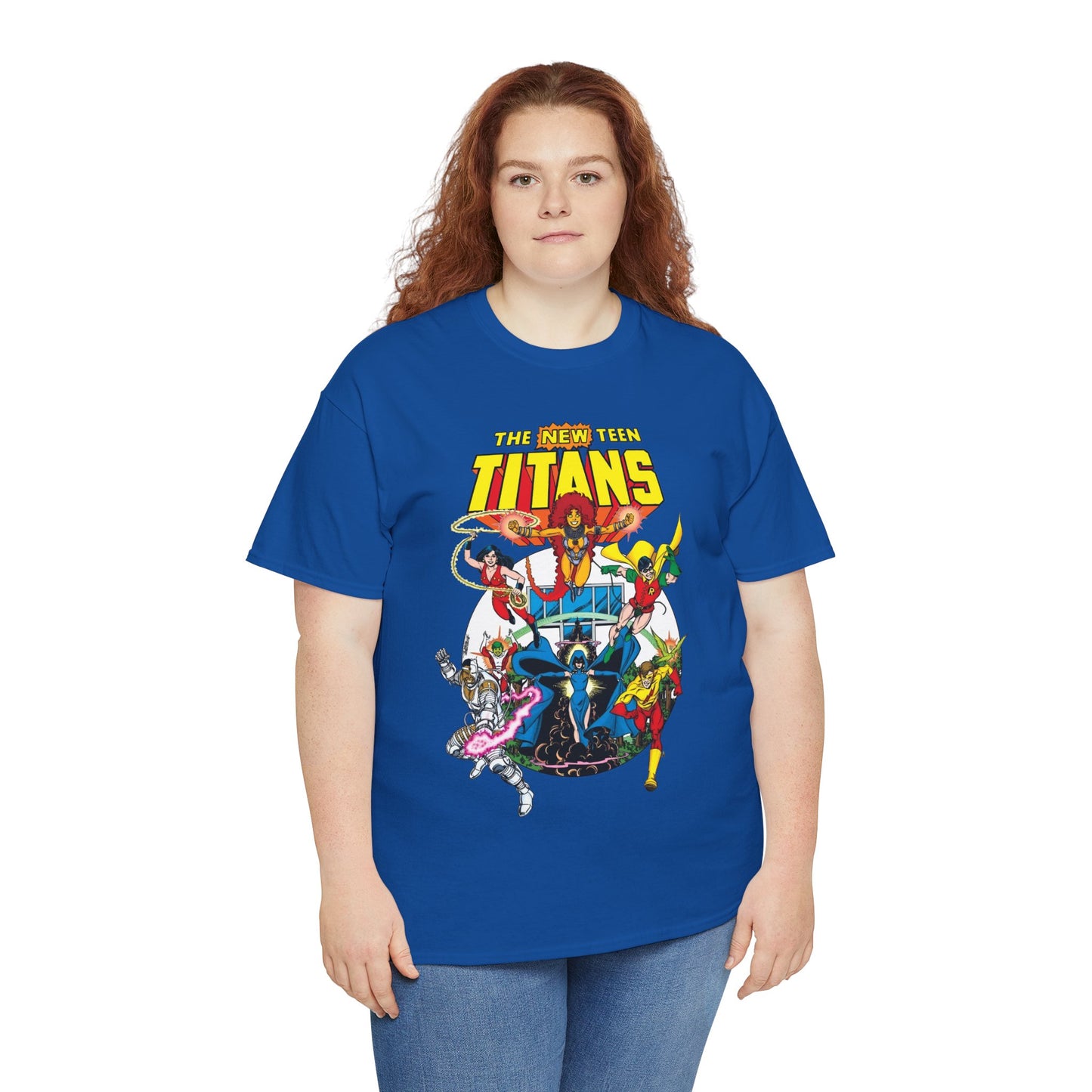 New Teen Titans T-Shirt - Classic George Perez Art - Cyborg, Raven, Starfire, Robin, Wonder Girl, Changeling, Kid Flash - Titans Tower - Popular DC Comics 1980s Series