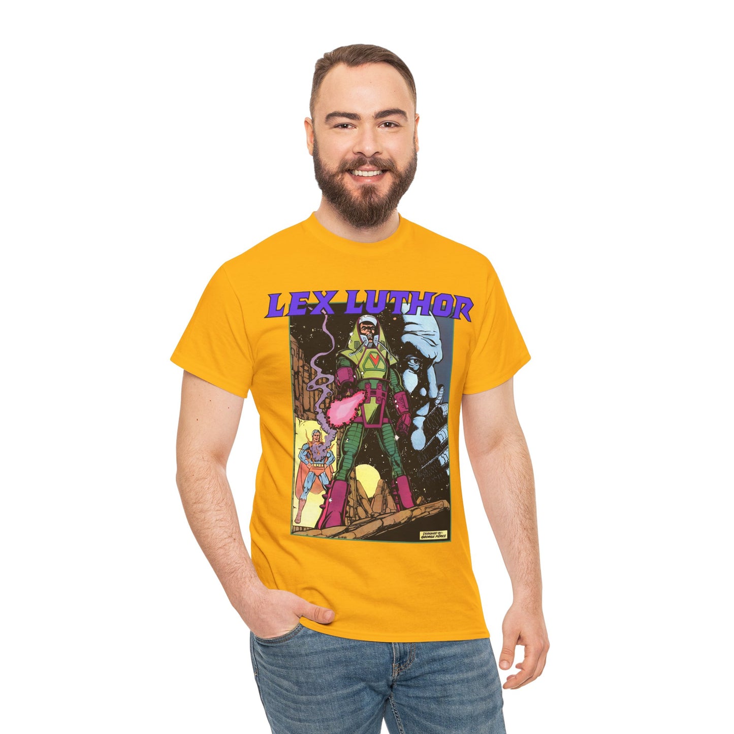 Lex Luthor T-Shirt - George Perez Art - 1980s DC Comics - Action Comics Armor - Inspiration for Super Powers Figure - Superman Enemy