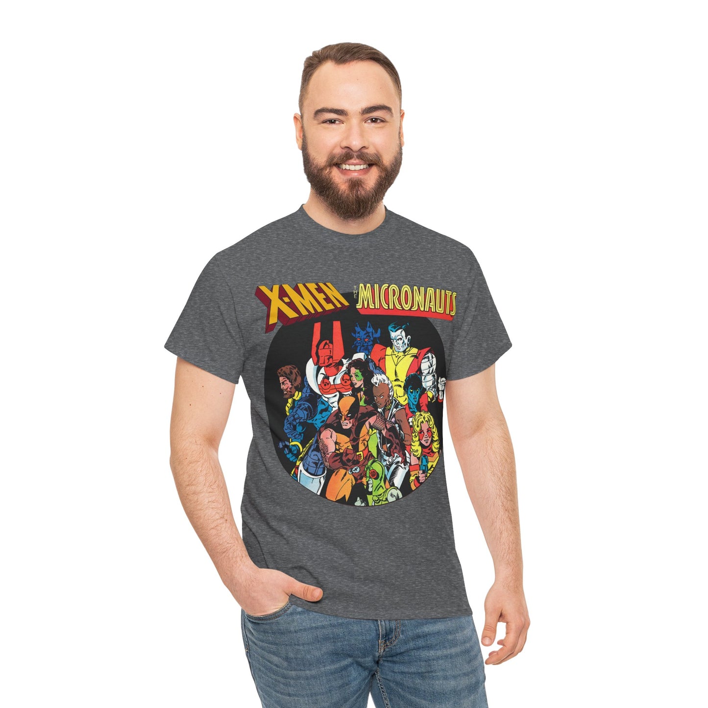 X-Men/Micronauts T-Shirt - Wolverine, Storm, Nightcrawler, Kitty Pryde, Colossus, Acroyear, Arcturus Rann, Marionette Bug - Marvel Comics - Popular 1980s Crossover Mini-Series