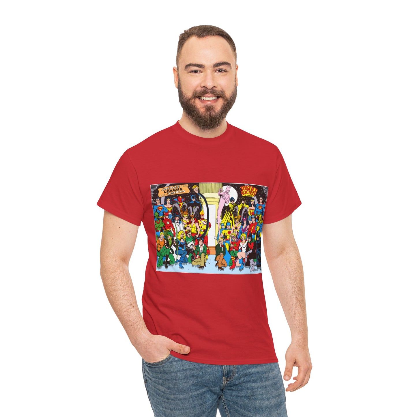 JLA & JSA T-Shirt - George Perez Art - Justice League, Society Team-up - Batman, Wildcat, Dr Fate, Hourman, Firestorm, Superman