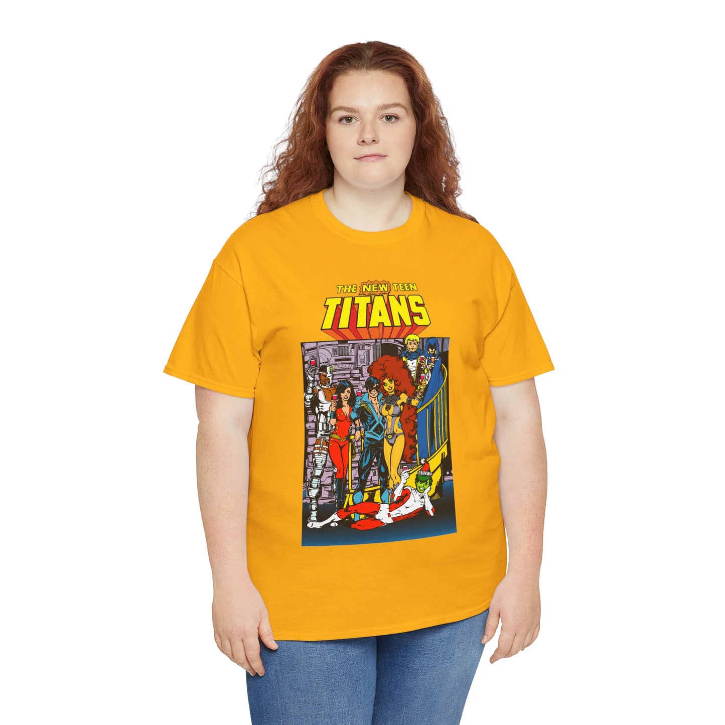 New Teen Titans T-Shirt - George Perez Art - Nightwing, Cyborg, Raven, Starfire, Wonder Girl, Changeling, Jericho - Titans Tower - DC Comics
