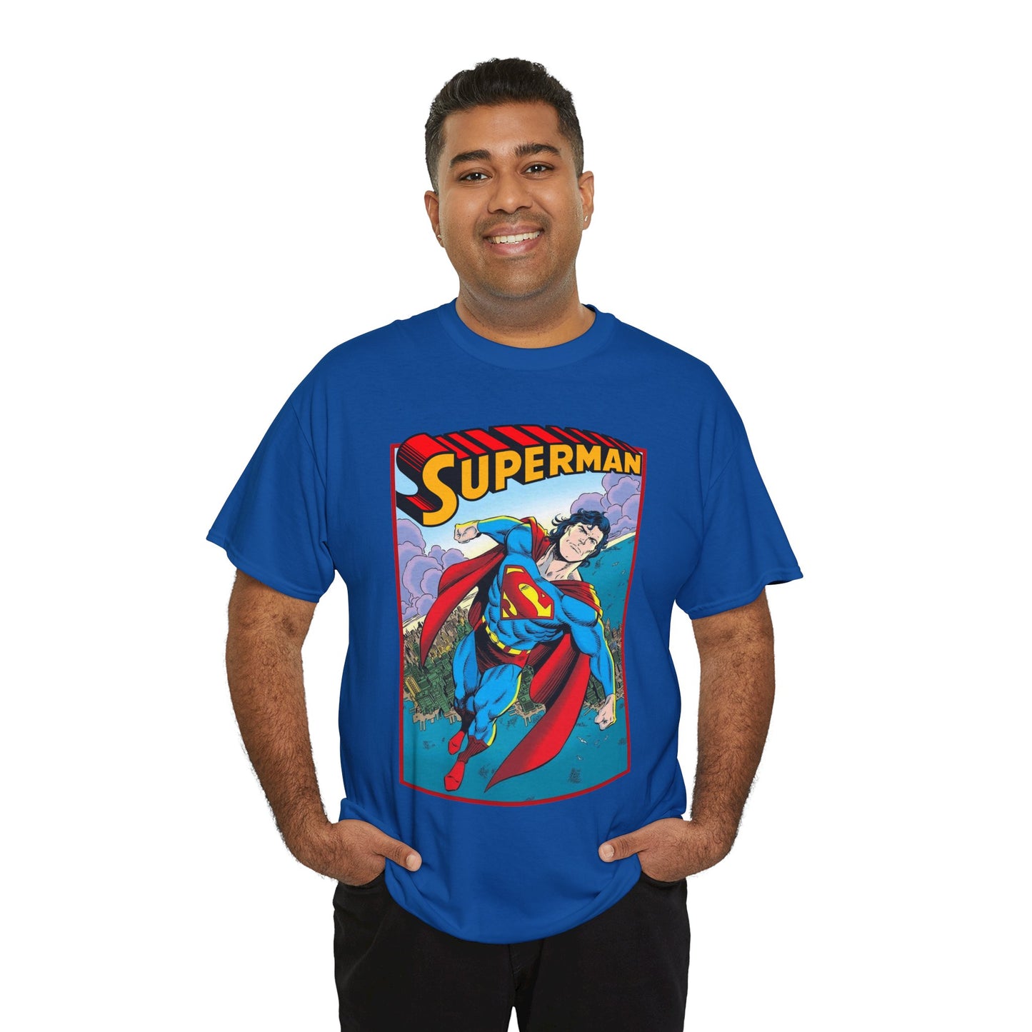 Superman T-Shirt - Tom Grummett Art - DC Comics - Metropolis, Man of Steel Flying Through the Sky - Post-Reign of the Supermen Storyline Artwork