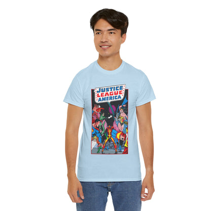 Justice League of America T-Shirt - George Perez Art - 1980s Satellite Era - Superman, Wonder Woman, Firestorm, Green Lantern, Batman - DC Comics