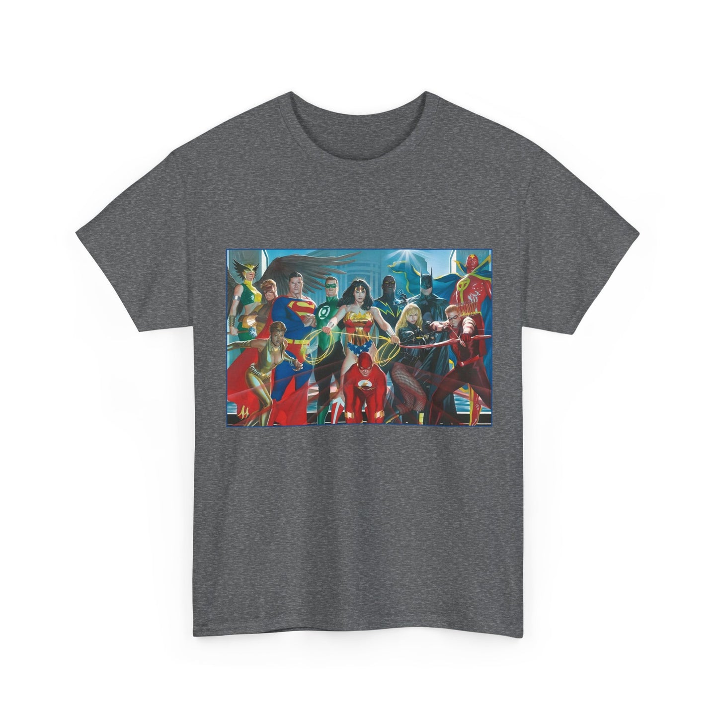 Justice League T-Shirt - Alex Ross Art - Superman, Wonder Woman, Batman, Flash, Black Canary, Vixen, Black Lightning, Green Lantern, Geo-Force, Red Tornado - DC Comics