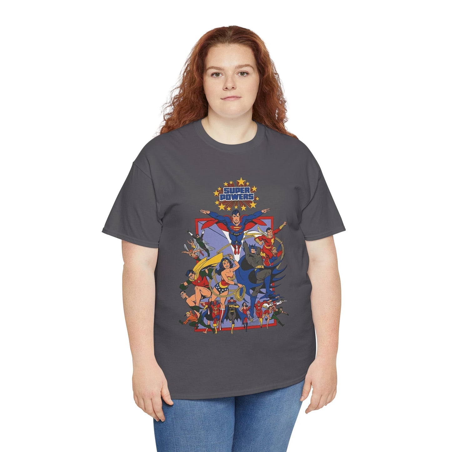 Super Powers T-Shirt - Superman, Flash, Wonder Woman, Batman, Batgirl, Robin, Plastic Man, Aquaman, Hawkman, Supergirl - 1980s Kenner Toy Line - Retro DC Comics
