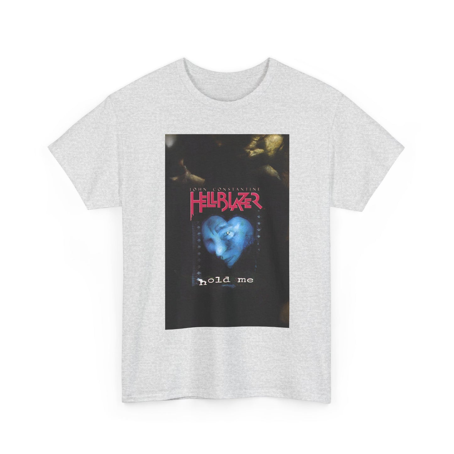 White t-shirt with a graphic design featuring text saying "John Constantine, Hellblazer" and a blue heart on a white background