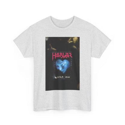 White t-shirt with a graphic design featuring text saying "John Constantine, Hellblazer" and a blue heart on a white background