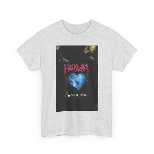 White t-shirt with a graphic design featuring text saying "John Constantine, Hellblazer" and a blue heart on a white background