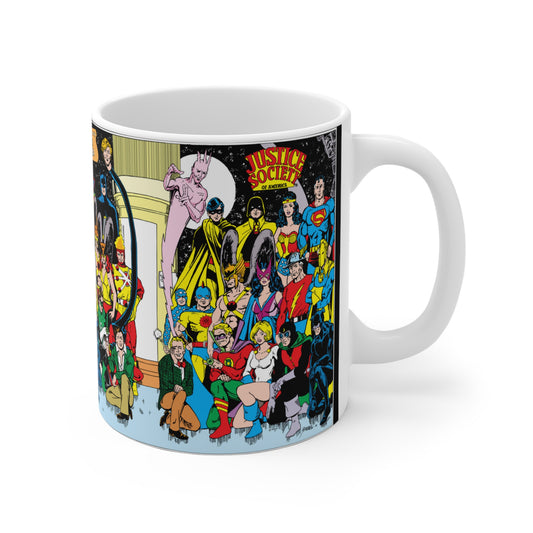 Justice League & Justice Society Coffee Mug, 11oz - Retro George Perez Art - Superman, Dr Fate, Hourman, Firestorm, Aquaman, Green Lantern