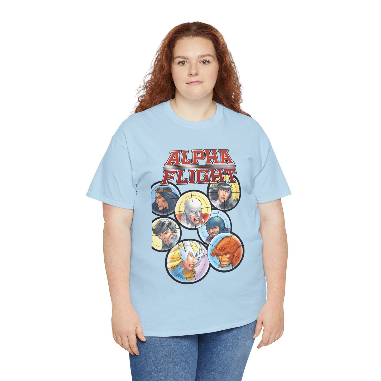Alpha Flight T-Shirt - John Byrne Art - Guardian, Aurora, Northstar, Sasquatch, Shaman, Puck, Snowbird - Canada's Super Heroes - Marvel Comics