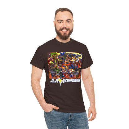 Avengers Vs JLA T-Shirt - Stunning George Perez Art - Marvel & DC Comics Crossover - Thor, Superman, Wonder Woman, Hercules, Iron Man, Batman, Black Canary, Scarlet Witch, Wonder Man, Martian Manhunter