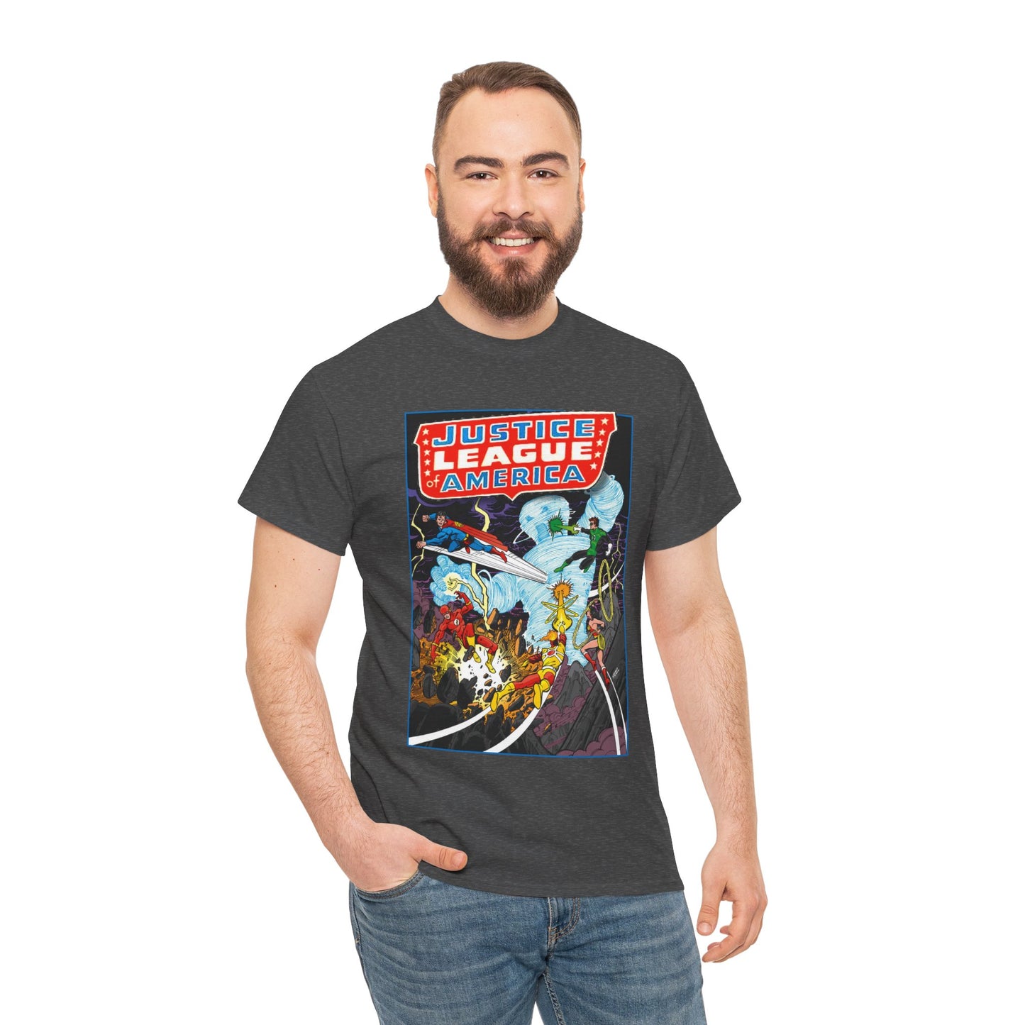 Justice League T-Shirt - George Perez Art - Tornado Tyrant - Superman, Firestorm, Flash, Wonder Woman, Green Lantern - DC Comics