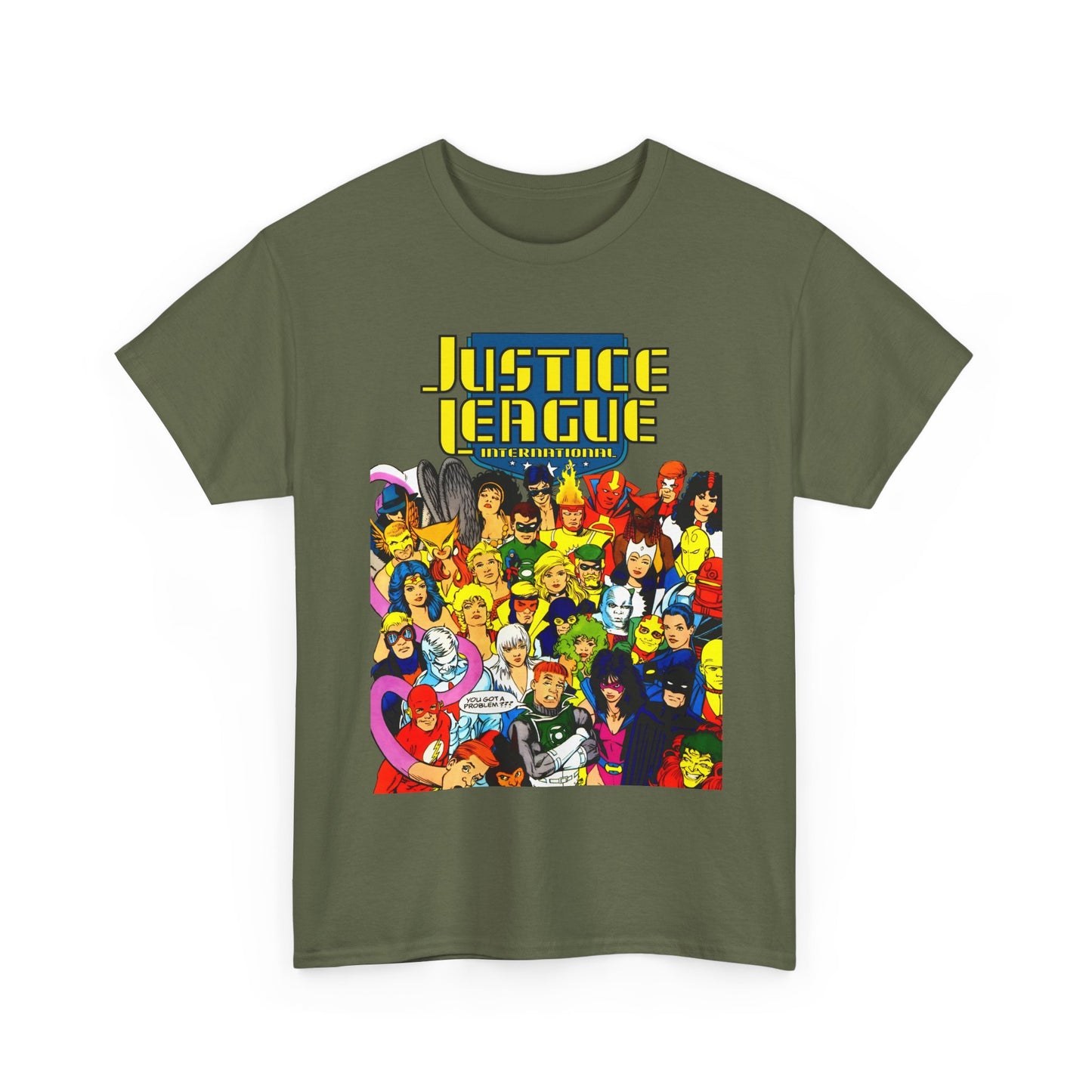 Justice League International T-Shirt - Kevin Maguire DC Comics Sourcebook Art - Booster Gold, Blue Beetle, Batman, Martian Manhunter, Captain Atom, Fire, Ice, Guy Gardner