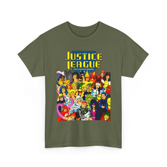 Justice League International T-Shirt - Kevin Maguire DC Comics Sourcebook Art - Booster Gold, Blue Beetle, Batman, Martian Manhunter, Captain Atom, Fire, Ice, Guy Gardner