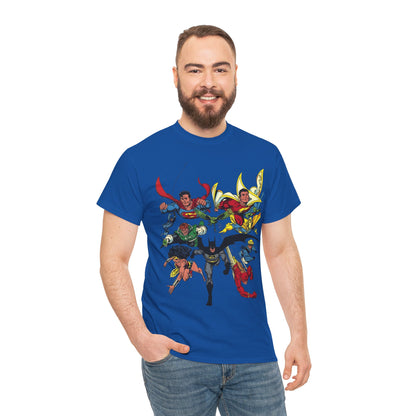 DC Legends T-Shirt - John Byrne Art - Superman, Wonder Woman, Guy Gardner, Flash, Blue Beetle, Shazam, Dr Fate, Changeling - DC Comics