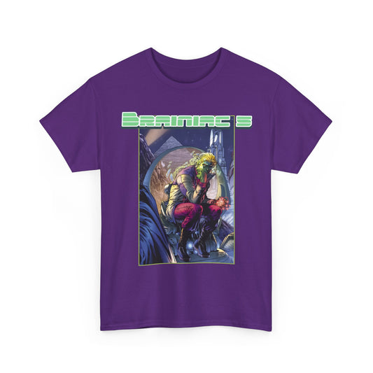 Purple t-shirt with a graphic design of a character and 'Brainiac 5' text on a white background
