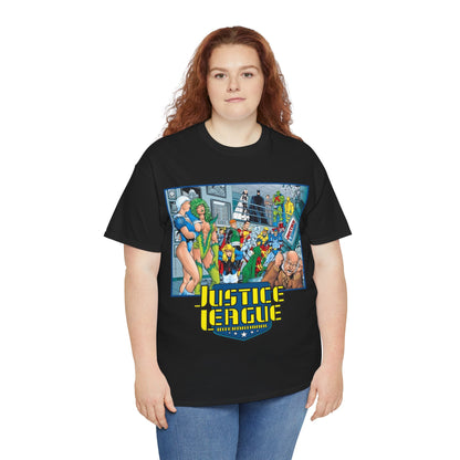 Justice League International T-Shirt - Kevin Maguire Art - Blue Beetle, Booster Gold, Martian Manhunter, Captain Atom, Batman, Fire, Ice - DC Comics - JLI