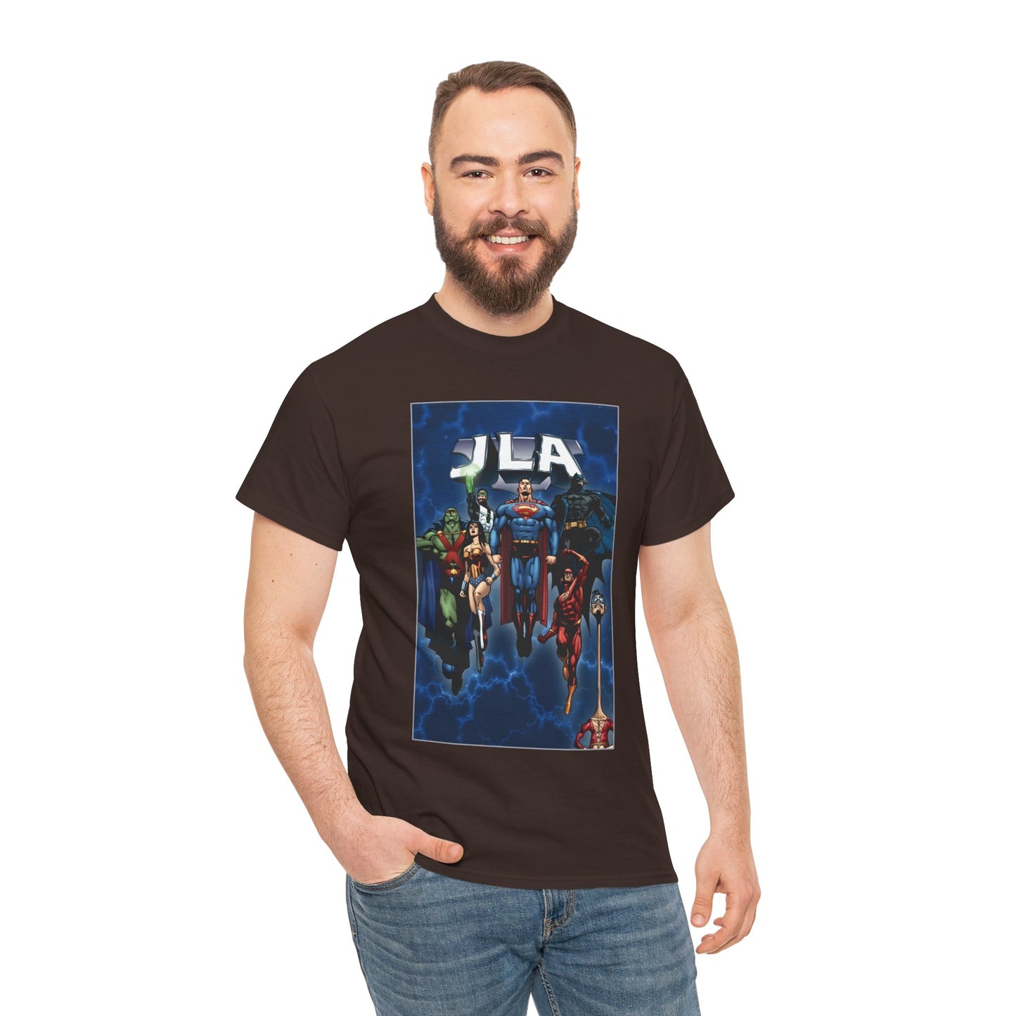 JLA T-Shirt - Doug Mahnke Art - Superman, Batman, Wonder Woman, Aquaman, Green Lantern, Flash, Martian Manhunter - DC Comics