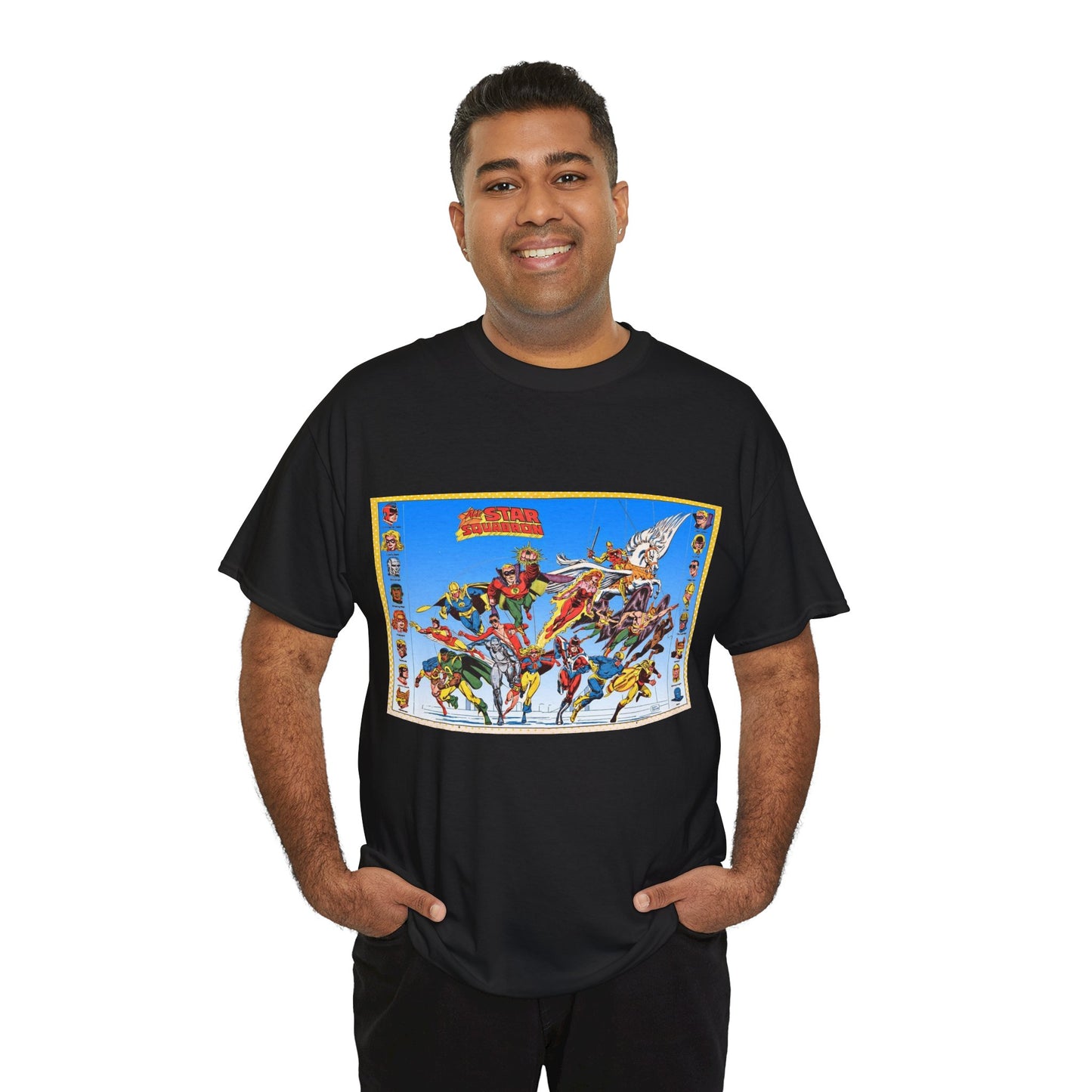 All-Star Squadron T-Shirt - Jerry Ordway Art - JSA Connection - Firebrand, Robotman, Amazing Man, Shining Knight, Tarantula, Dr Fate - Retro 1980s Series - DC Comics