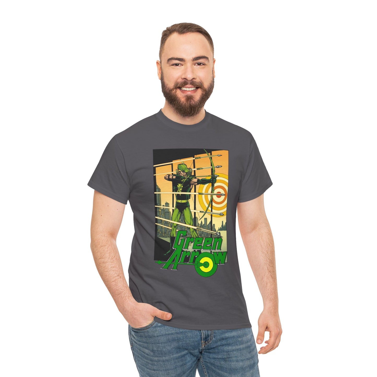 Green Arrow T-Shirt - George Perez Art - 1980s Justice League Postcard Art - JLA - DC Comics