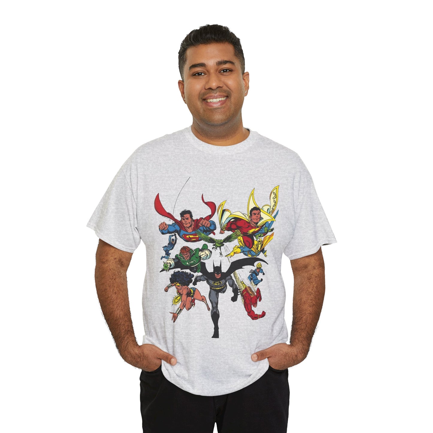 DC Legends T-Shirt - John Byrne Art - Superman, Wonder Woman, Guy Gardner, Flash, Blue Beetle, Shazam, Dr Fate, Changeling - DC Comics