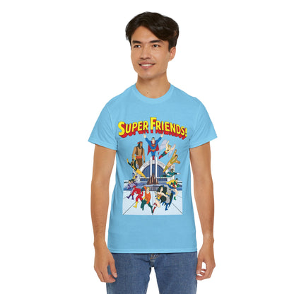 Super Friends T-Shirt - DC Hanna-Barbera - Superman, Wonder Woman, Black Vulcan, Batman, The Wonder Twins, Apache Chief, Hall of Justice