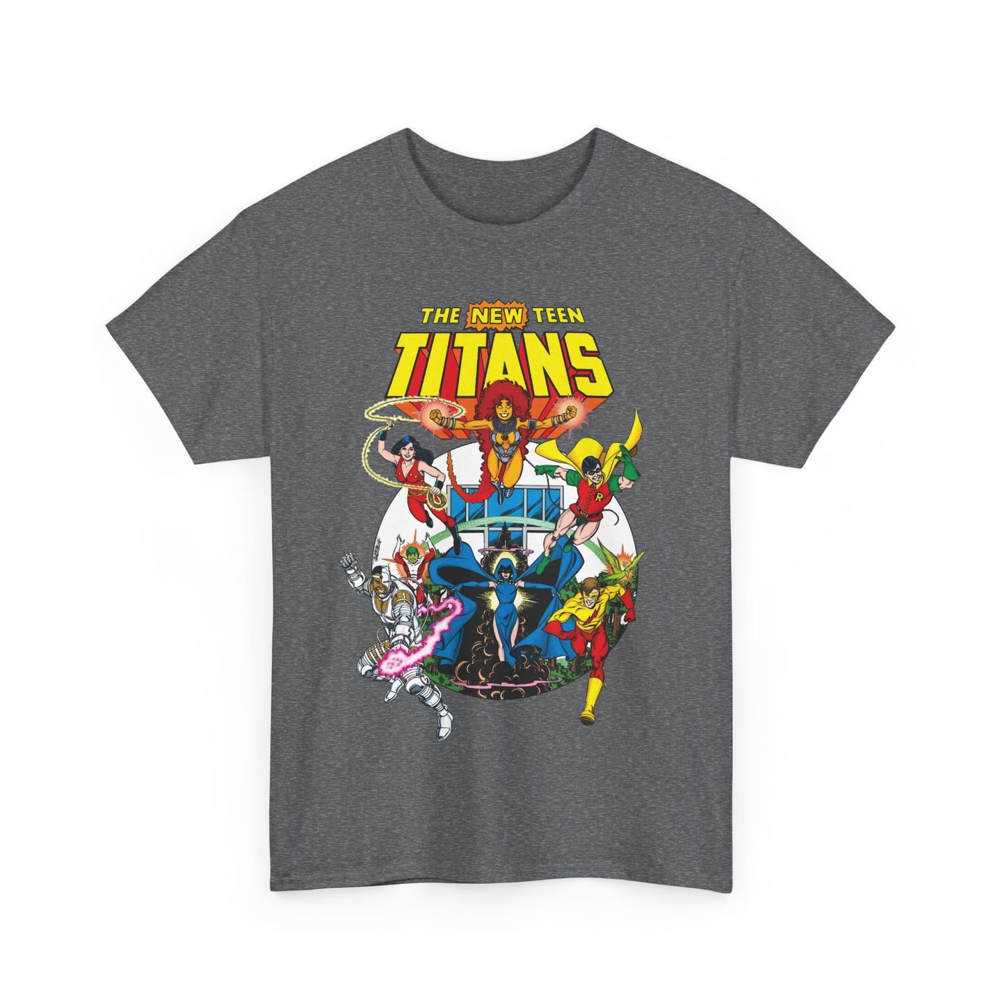 New Teen Titans T-Shirt - Classic George Perez Art - Cyborg, Raven, Starfire, Robin, Wonder Girl, Changeling, Kid Flash - Titans Tower - Popular DC Comics 1980s Series