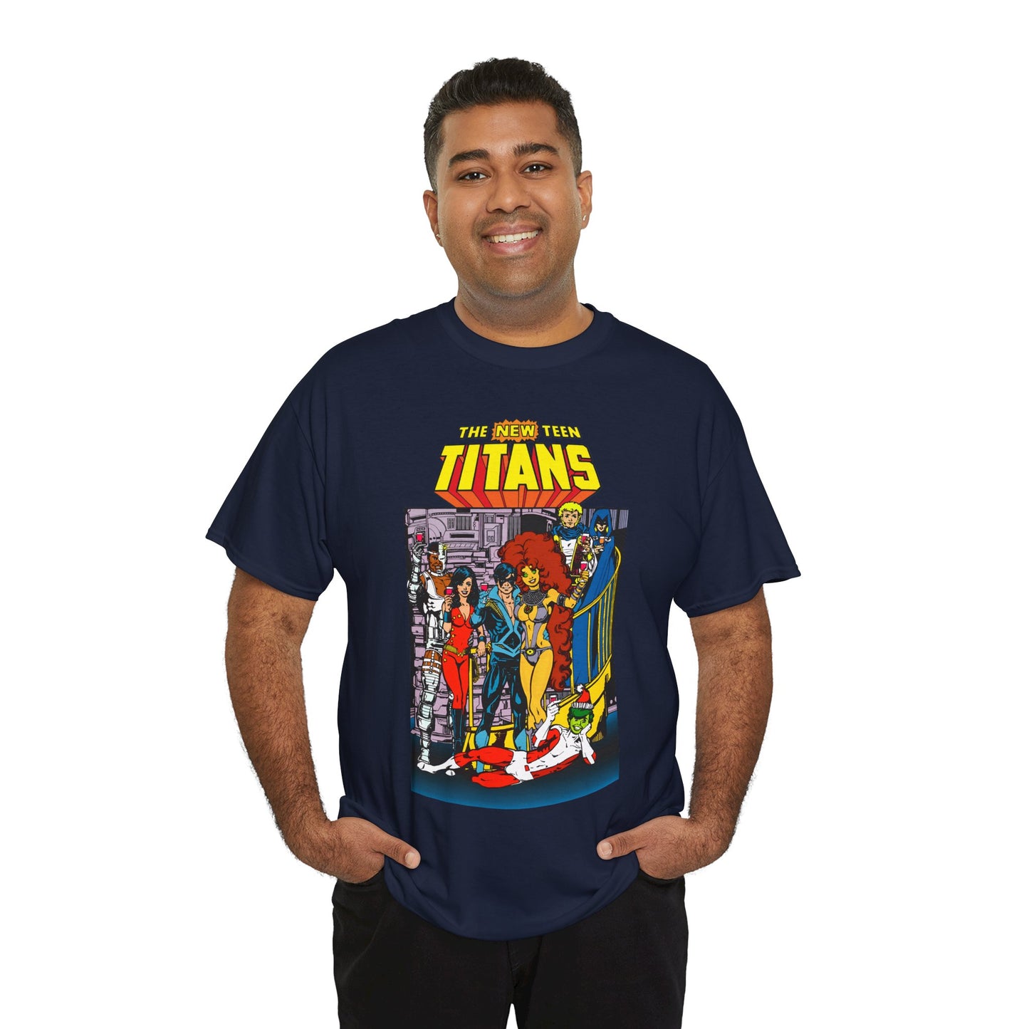 New Teen Titans T-Shirt - George Perez Art - Nightwing, Cyborg, Raven, Starfire, Wonder Girl, Changeling, Jericho - Titans Tower - DC Comics
