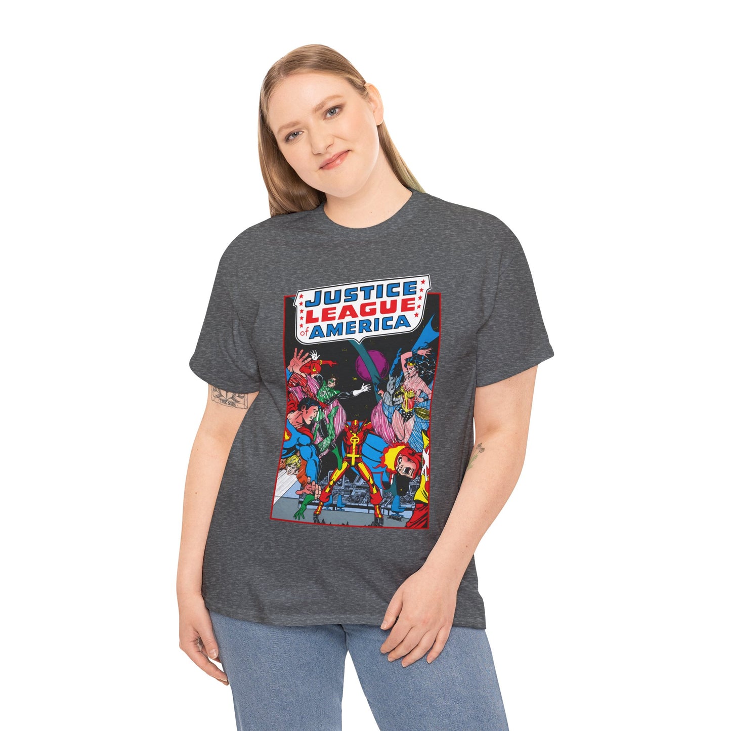 Justice League of America T-Shirt - George Perez Art - 1980s Satellite Era - Superman, Wonder Woman, Firestorm, Green Lantern, Batman - DC Comics