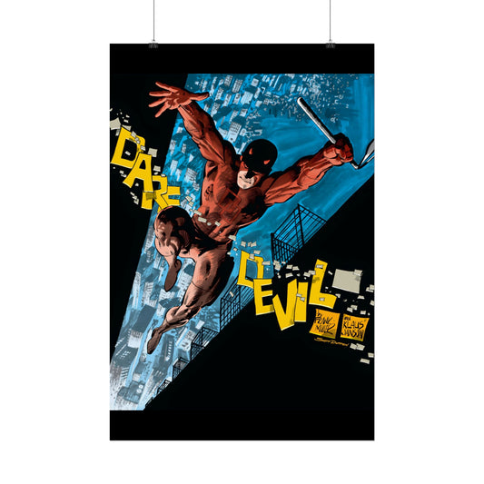 Poster of a superhero in action with 'Daredevil' text against a cityscape background.