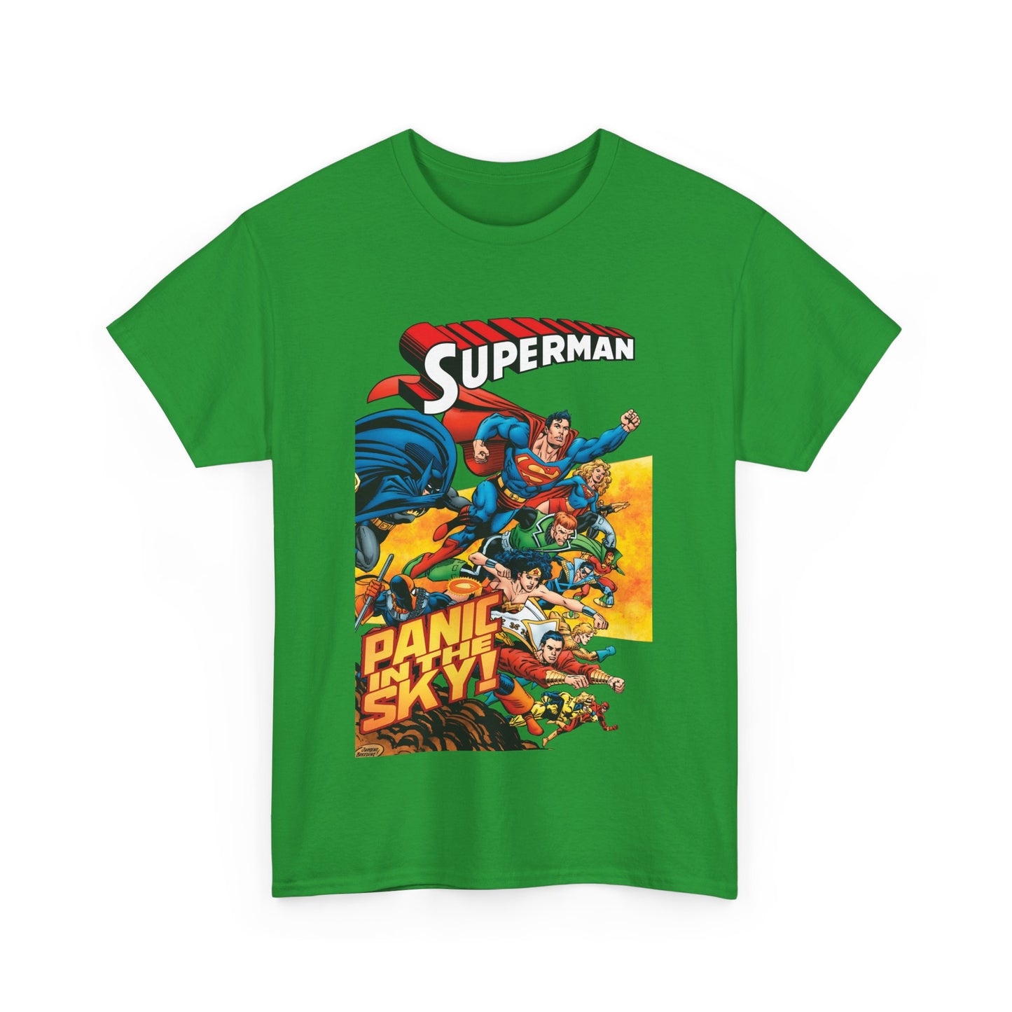Superman - Panic in the Sky T-Shirt - Dan Jurgens Art - Vs Brainiac & Maxima - Wonder Woman, Booster Gold, Shazam, Batman, Flash, Aquaman, Supergirl - DC Comics
