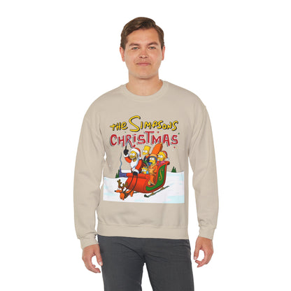 Simpsons Family Christmas Crewneck Sweatshirt - Homer, Marge, Bart, Lisa, Maggie - Riding a Christmas Sleigh Through the Winter Snow
