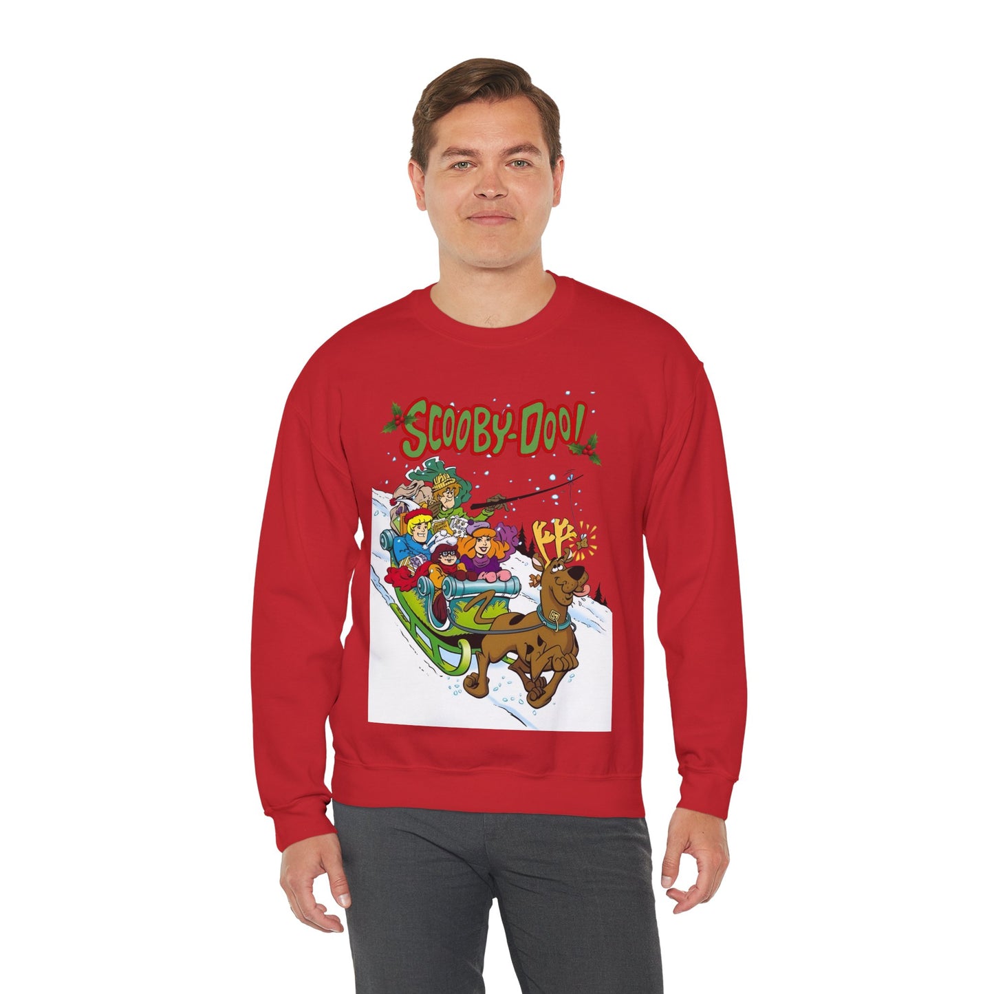 Scooby Doo Christmas Crewneck Sweatshirt - Shaggy, Daphne, Velma, Fred Sleighing Through the Snow