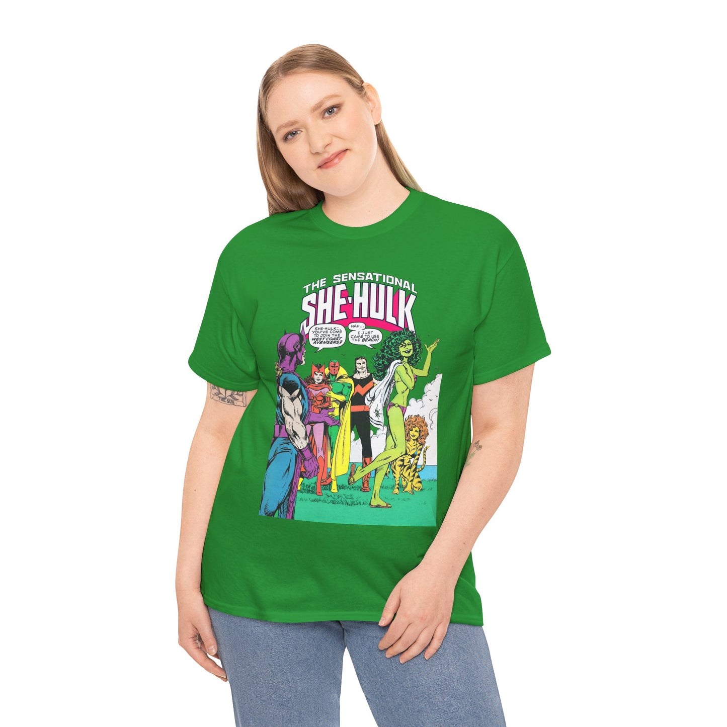 She-Hulk T-Shirt - John Byrne Art - West Coast Avengers Appearance - Hawkeye, Scarlet Witch, Wonder Man, Vision, Tigra - Marvel Comics