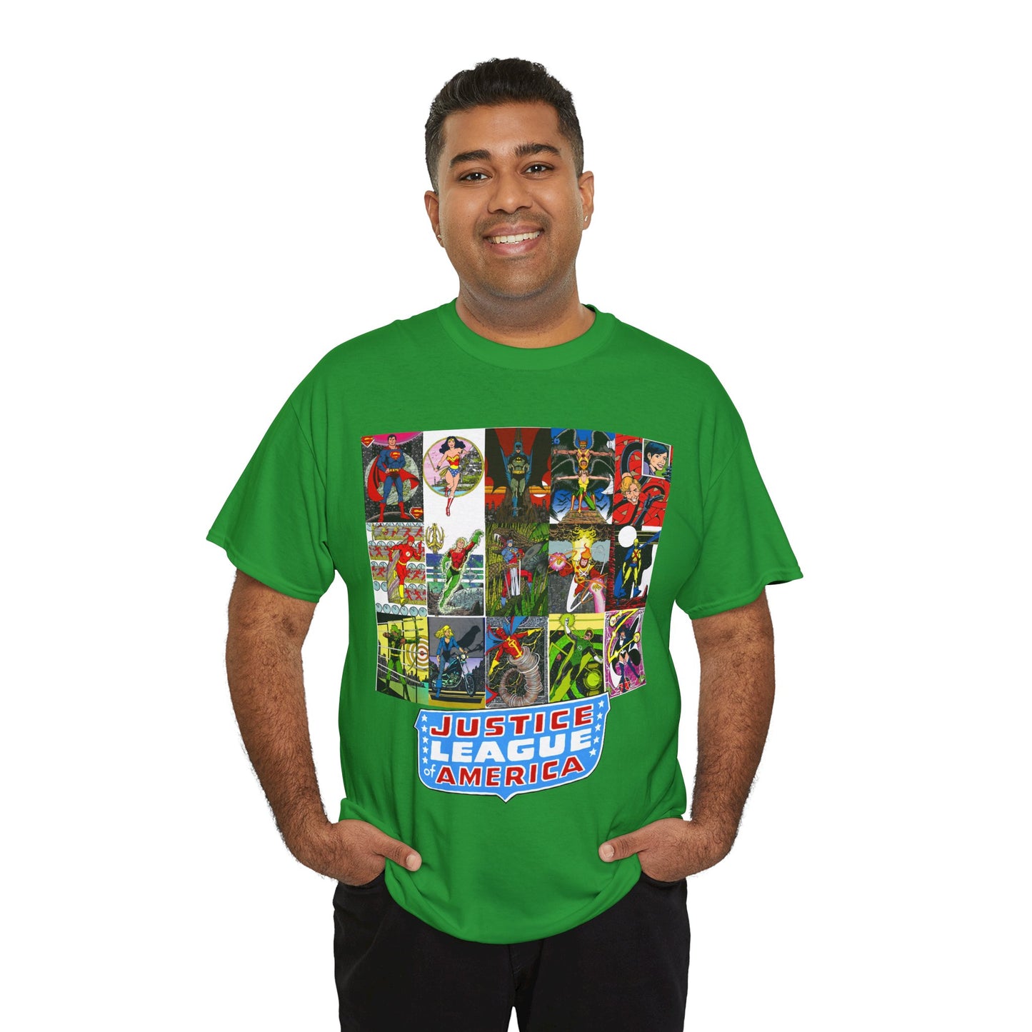 JLA Postcard T-Shirt - George Perez Art - Zatanna, Green Lantern, Flash, Batman, Hawkman, Wonder Woman, Firestorm - Justice League of America - DC Comics