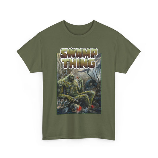 Green t-shirt with 'Swamp Thing' graphic design on a white background
