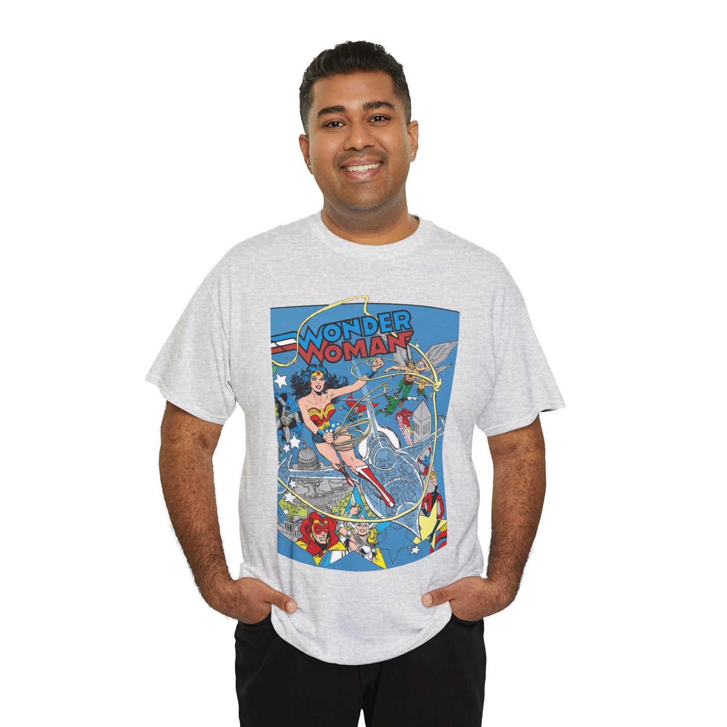 Wonder Woman T-Shirt - Ed Hannigan Art - #300 Cover Art - Hawkman, Green Lantern, Elongated Man, Sandman - DC Comics