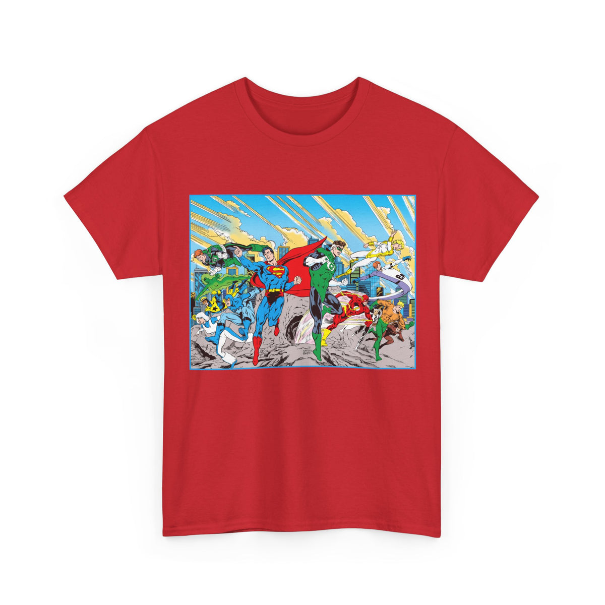 Justice League America/Europe T-Shirt - Dan Jurgens Art - Superman, Blue Beetle, Booster Gold, Green Lantern, Aquaman, Power Girl, Guy Gardner, Flash - DC Comics