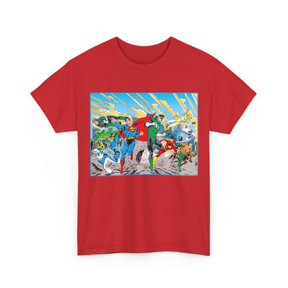 Justice League America/Europe T-Shirt - Dan Jurgens Art - Superman, Blue Beetle, Booster Gold, Green Lantern, Aquaman, Power Girl, Guy Gardner, Flash - DC Comics