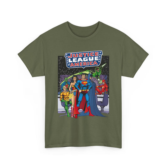 Justice League T-Shirt - George Perez Art - JLA Satellite Era - Superman, Wonder Woman, Green Lantern, Batman, Flash, Aquaman, Martian Manhunter - DC Comics
