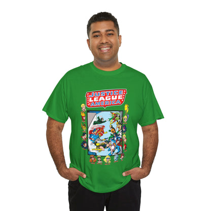 JLA & JSA T-Shirt - George Perez Art - All-Star Squadron - Firestorm, Huntress, Starman, Zatanna, Liberty Belle, Superman, Robotman, Firebrand, Dr Fate - DC Comics