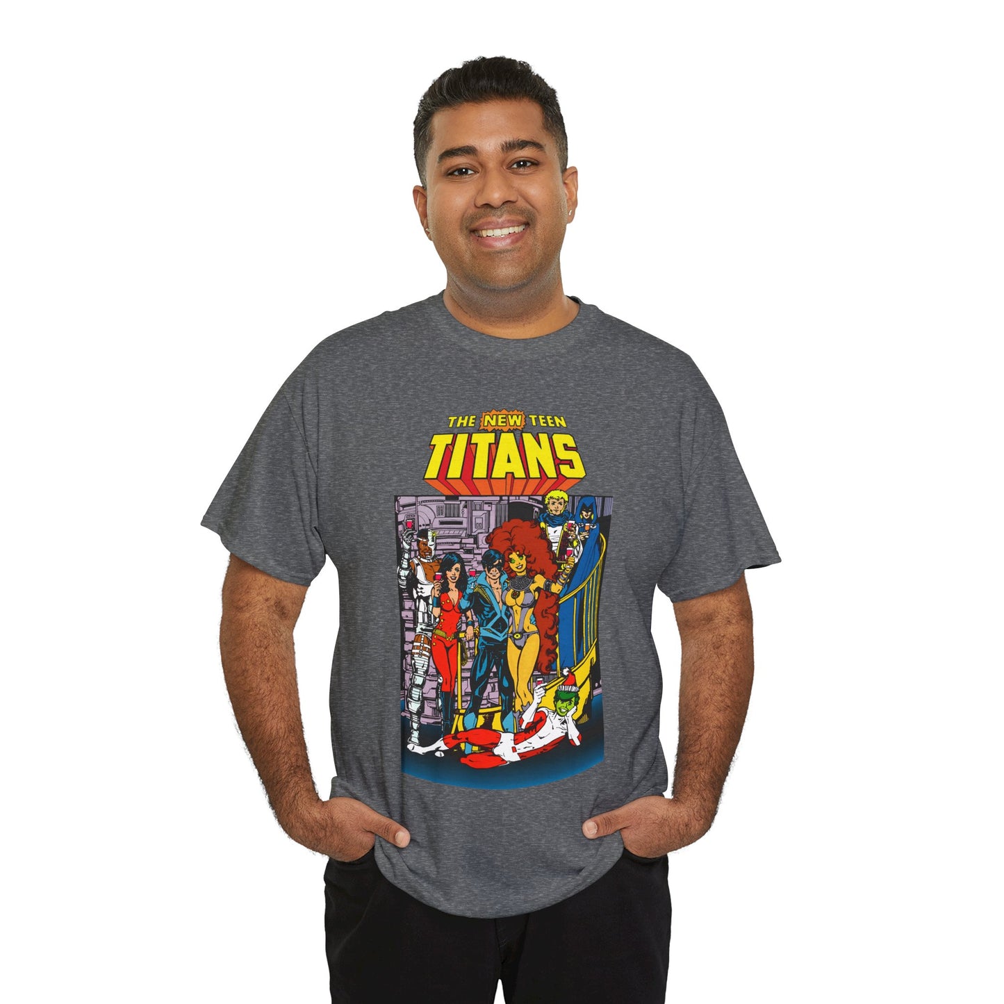New Teen Titans T-Shirt - George Perez Art - Nightwing, Cyborg, Raven, Starfire, Wonder Girl, Changeling, Jericho - Titans Tower - DC Comics