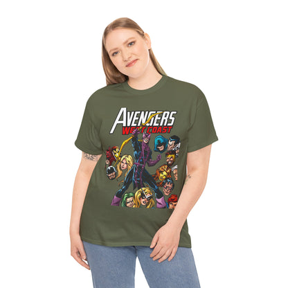 Avengers West Coast T-Shirt - Bob Hall Art - Hawkeye, Iron Man, Wonder Man, Tigra, Mockingbird - Marvel Comics Team