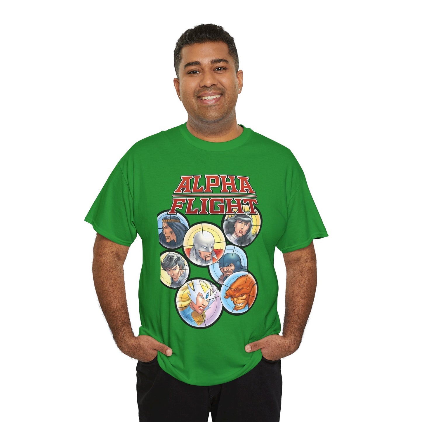 Alpha Flight T-Shirt - John Byrne Art - Guardian, Aurora, Northstar, Sasquatch, Shaman, Puck, Snowbird - Canada's Super Heroes - Marvel Comics
