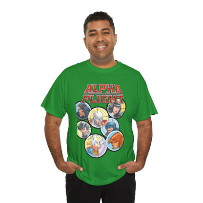 Alpha Flight T-Shirt - John Byrne Art - Guardian, Aurora, Northstar, Sasquatch, Shaman, Puck, Snowbird - Canada's Super Heroes - Marvel Comics