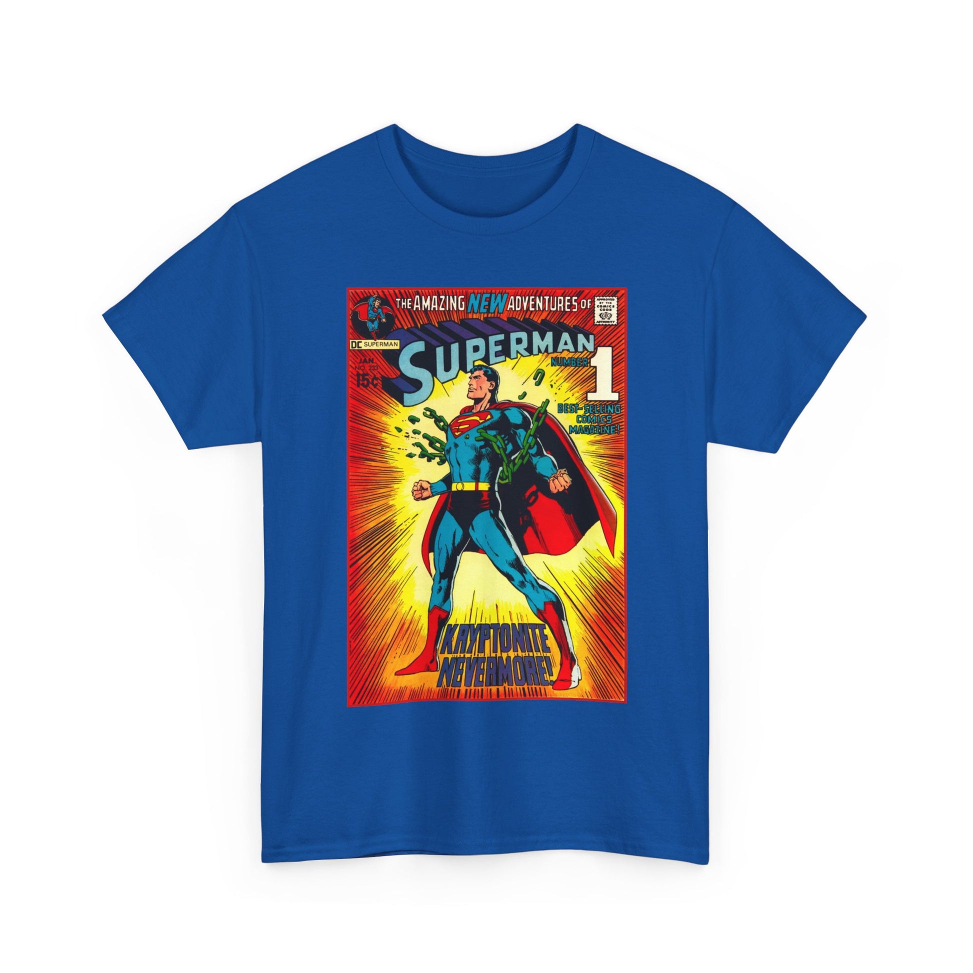 Blue t-shirt with Superman graphic on a white background